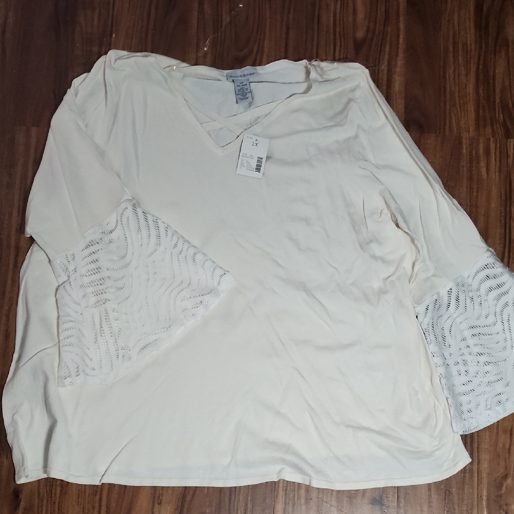 Catherines Cream V-Neck Blouse with Lace Sleeves